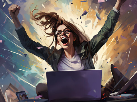 woman is excited and celebrating while working on her laptop