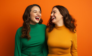Happy smiling, laughing young curvy women in elegant dresses stood together and having fun