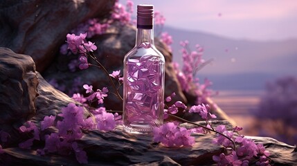 Obraz na płótnie Canvas a bottle of vodka with ice cubes in it sitting on a rock next to a branch of pink flowers. generative ai
