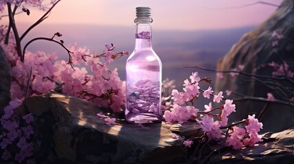  a bottle filled with water sitting on top of a rock next to a tree filled with pink flowers on top of a cliff.  generative ai - obrazy, fototapety, plakaty