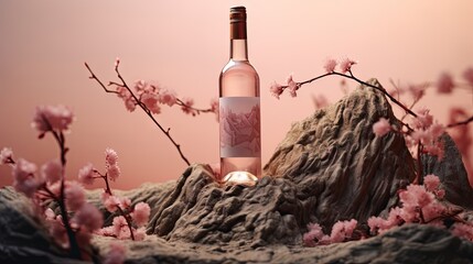  a bottle of wine sitting on top of a pile of rocks next to a tree with pink flowers on it.  generative ai - obrazy, fototapety, plakaty