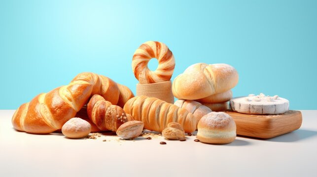  a variety of breads and pastries on a white table with a blue wall in the backround.  generative ai