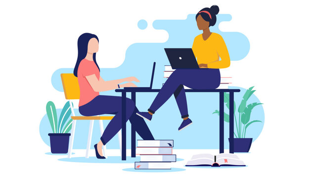 Studying friends - Two female women students working together with schoolwork at desk using laptop computers. Education concept in flat design vector illustration with white background