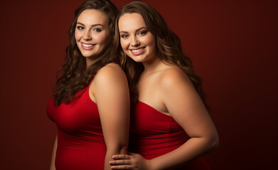 Happy smiling, laughing young plus size curvy women in elegant dresses standing together and having fun on isolated plane background