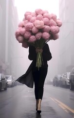A fashionable woman holding a bouquet of pink flowers stands gracefully beside a sleek car, her stylish clothing and footwear blending perfectly with the outdoor scenery of the street