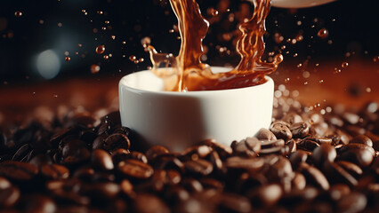 A Close-up of a Coffee Cup and Cffee Beans for Commercial Shot