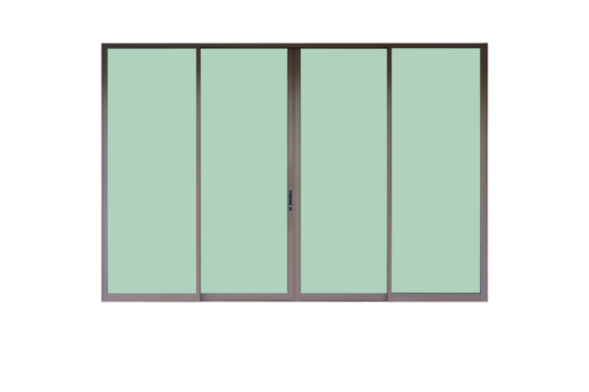 Four panels sliding door frame with transparent green glass taken from outside view