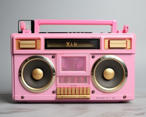 An electrifying blast of nostalgia, the gleaming pink boom box adorned with opulent gold details, fills the room with the pulsing beats of a bygone era