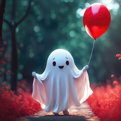 Cute white ghost walking on a dirt path and holding a red birthday balloon