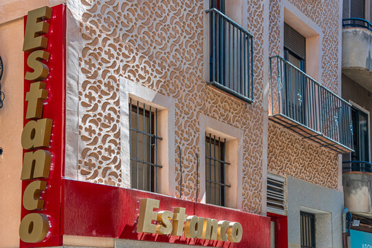 SEGOVIA, SPAIN - AUGUST 14, 2022: View of a tobacco shop ("Estanco" in Spanish) in Segovia, Spain