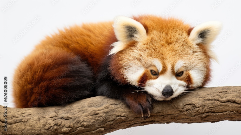 Poster  a red panda sleeping on a branch with its head resting on the end of it's paw and it's eyes closed.  generative ai