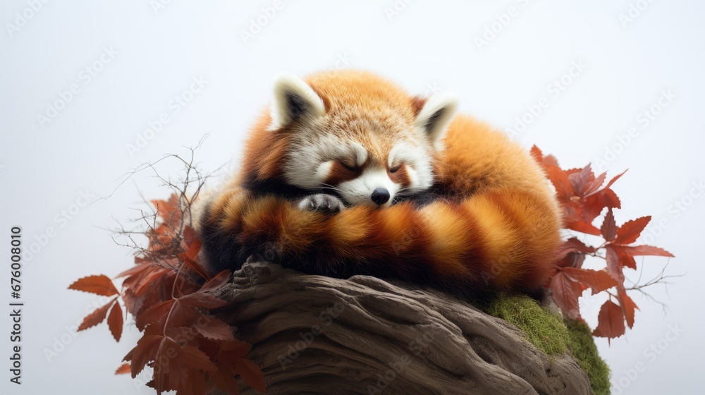 Aufkleber a red panda sleeping on top of a rock with its head resting on a tree branch in front of a white sky