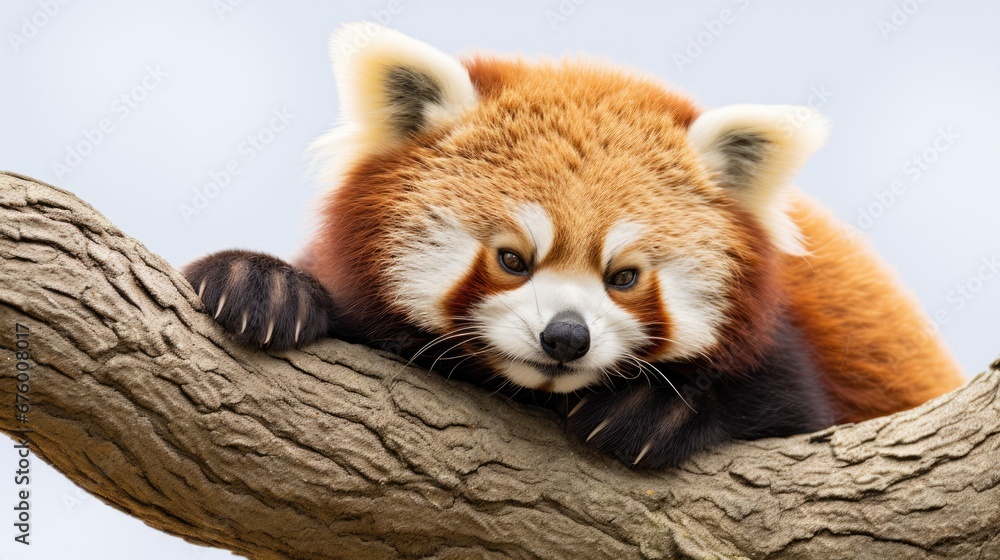 Poster  a red panda sitting on top of a tree branch with its head resting on the branch of a large tree.  generative ai