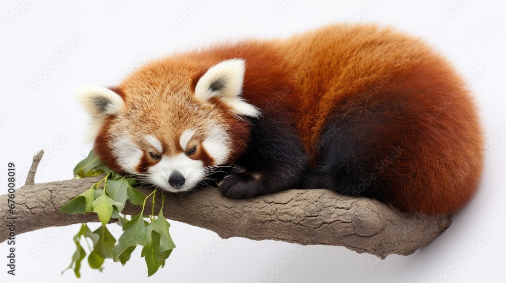 Poster a red panda sleeping on top of a tree branch with a leafy branch in front of it's face. generative a