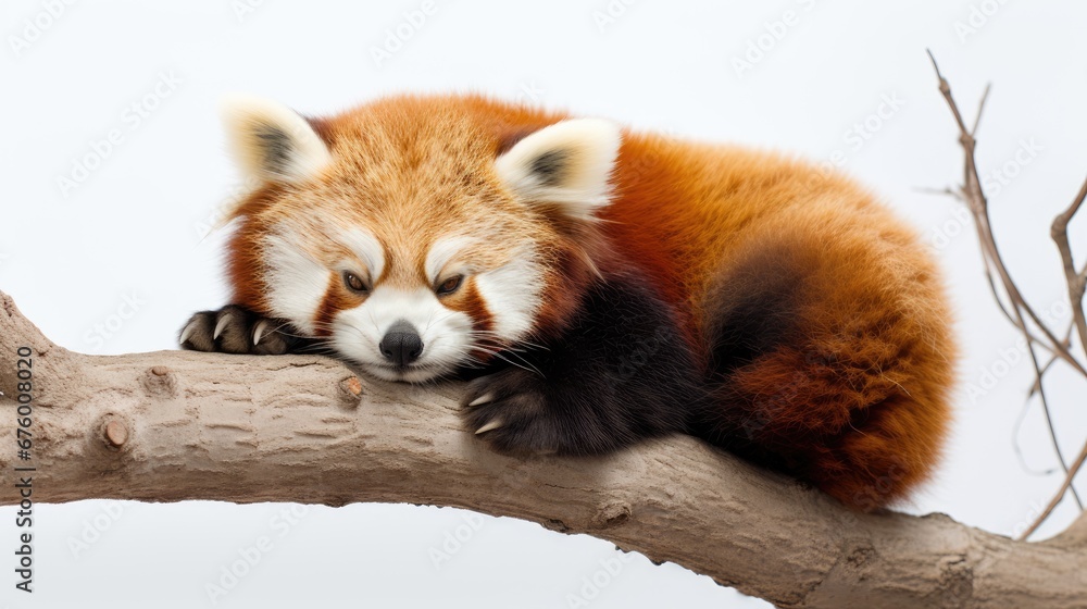 Poster a red panda sleeping on a branch with its head resting on it's paw on the branch of a tree. generati