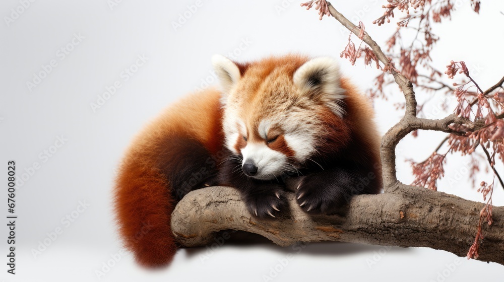 Poster a red panda sitting on top of a tree branch next to a branch with a red substance on it's face. gene