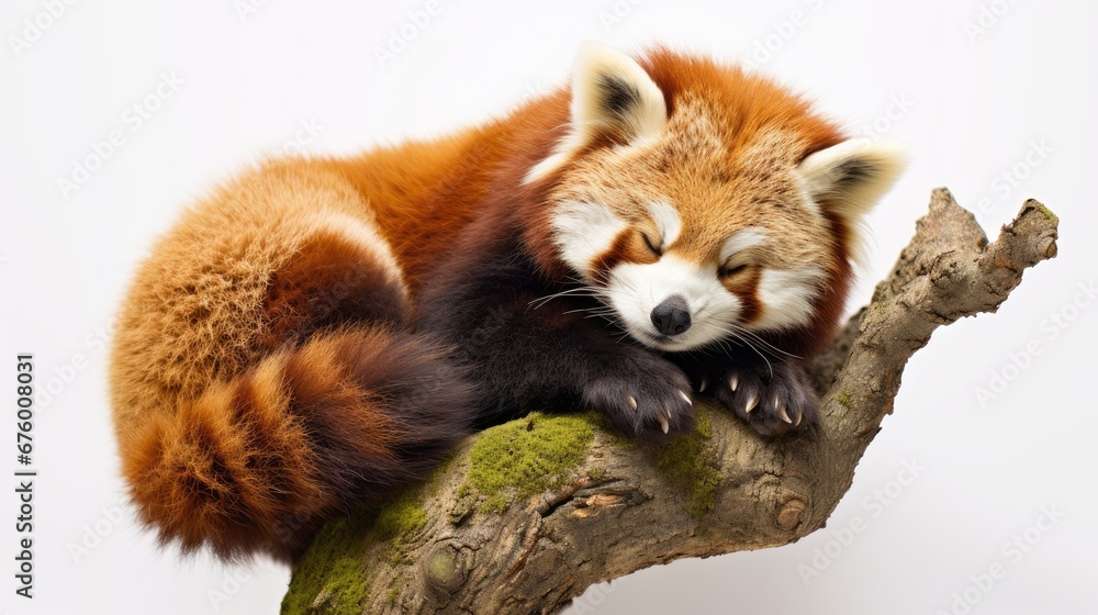 Poster  a red panda sitting on top of a tree branch with its eyes closed and it's head resting on a branch.  generative ai
