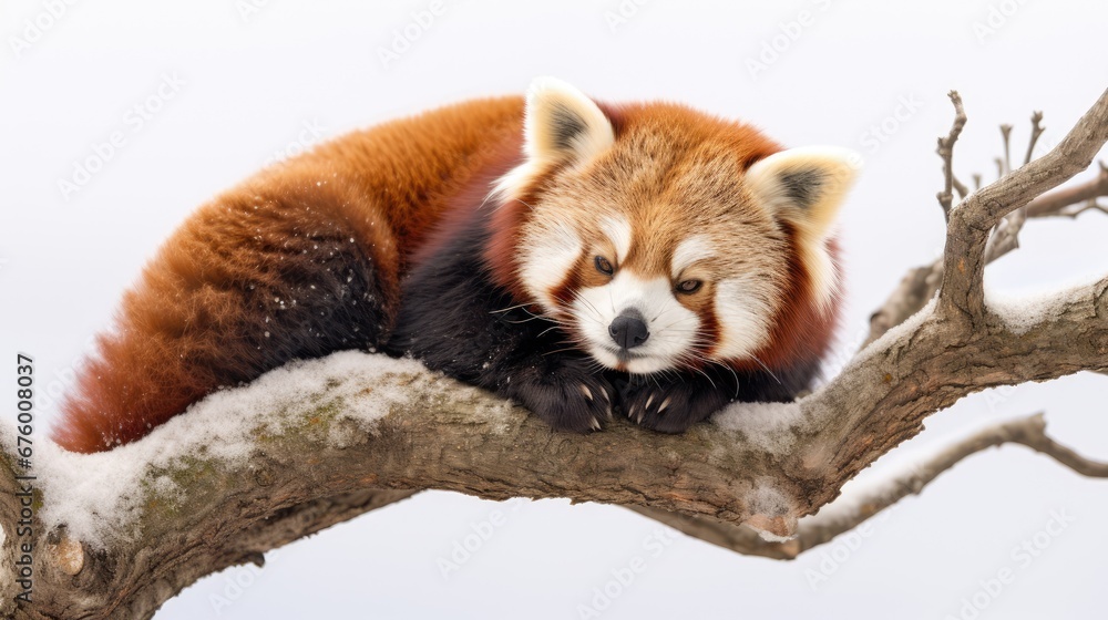 Poster  a red panda sitting on top of a tree branch with snow on it's branches and looking at the camera.  generative ai