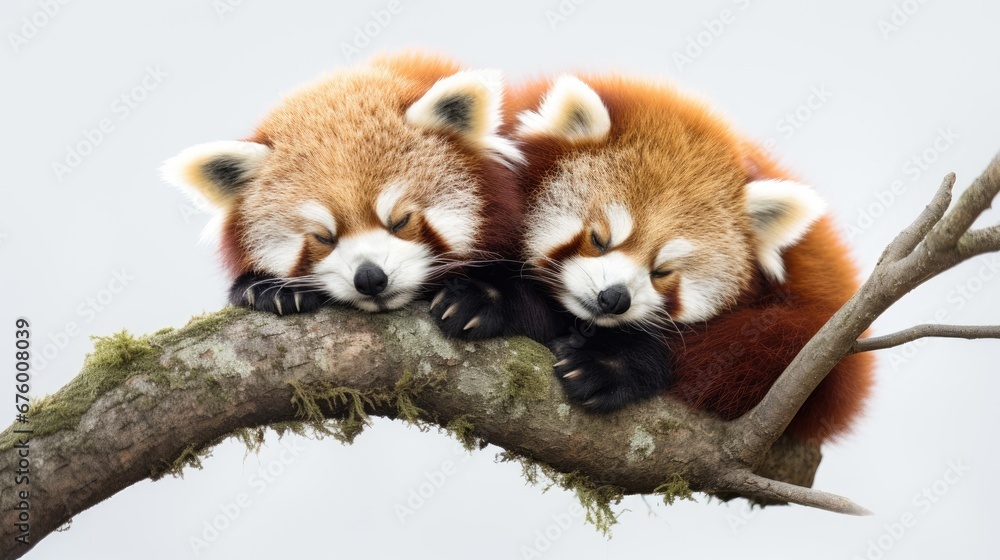 Poster  two red pandas sitting on top of a tree branch with their heads resting on each other's hands.  generative ai