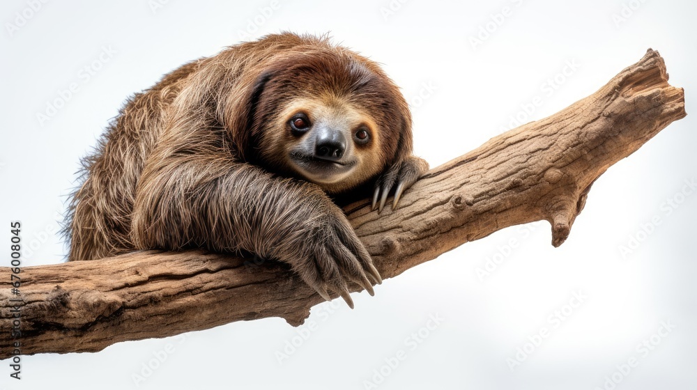Poster a brown and white sloth sitting on top of a tree branch with its paw on the branch of a tree. genera