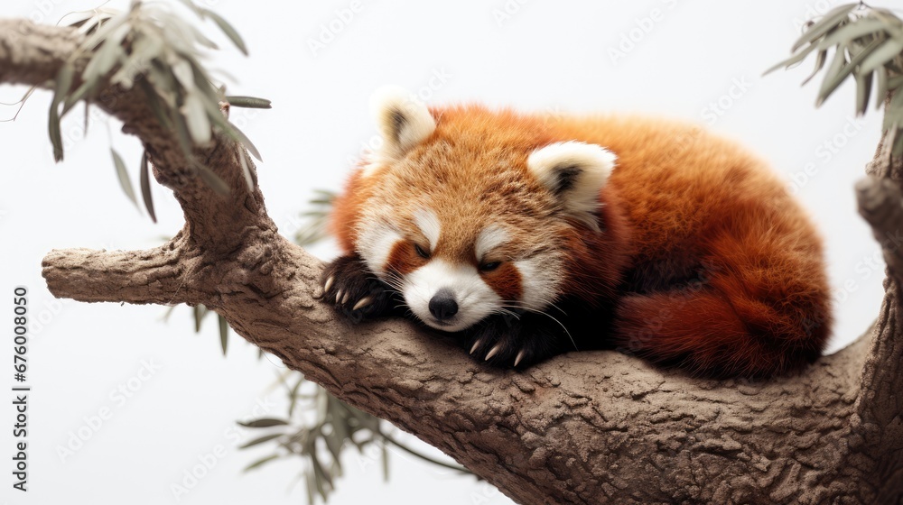 Poster  a red panda sleeping on a tree branch with its head resting on the branch of a tree, with a white sky in the background.  generative ai