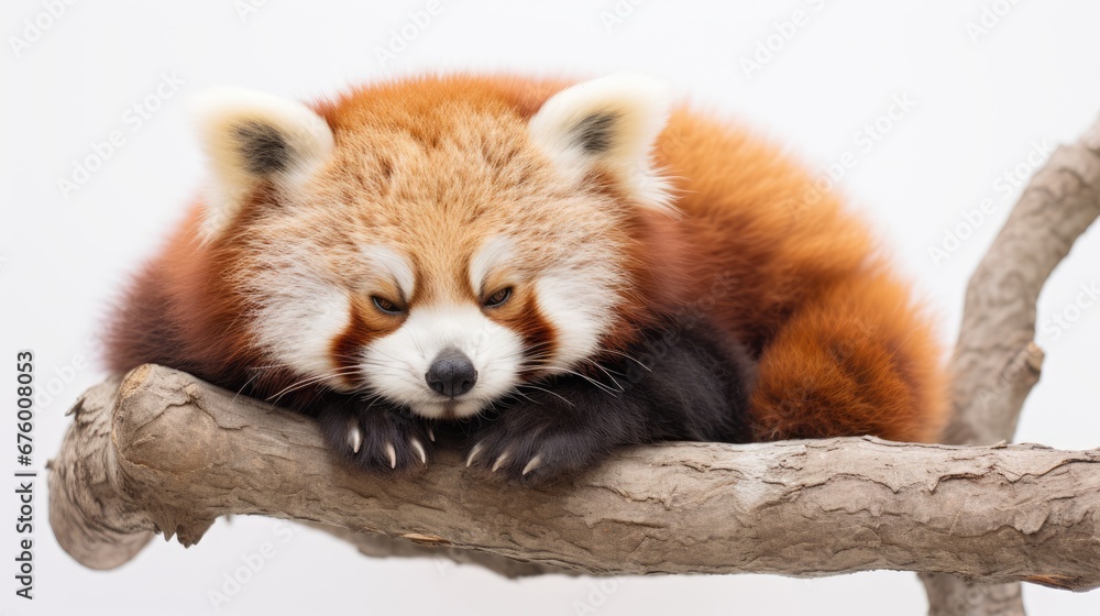 Poster a red panda sleeping on a branch with its head resting on it's paw and eyes closed, with a white bac