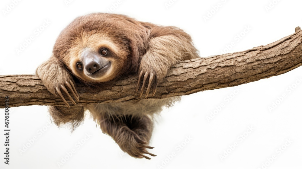 Aufkleber a brown and white sloth sitting on a tree branch with its head hanging over the edge of the branch. 