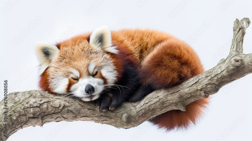 Poster  a red panda sleeping on a branch with its head resting on it's back and it's eyes closed.  generative ai