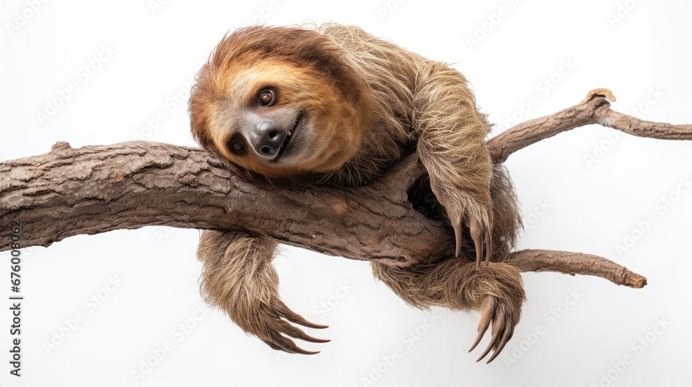 Poster a sloth sitting on a tree branch with its head on the limb of the tree and looking at the camera. ge