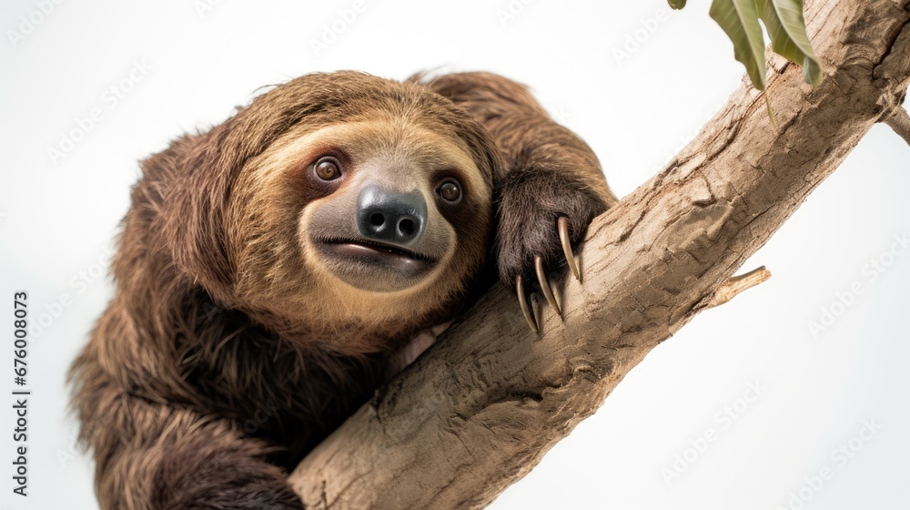 Poster a brown and white sloth sitting on a tree branch looking up at the camera with a curious look on its