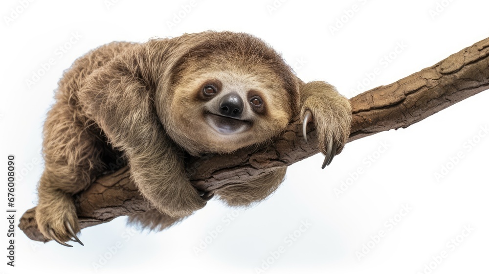 Poster a sloth hanging on a tree branch with its tongue hanging out of it's mouth and smiling at the camera