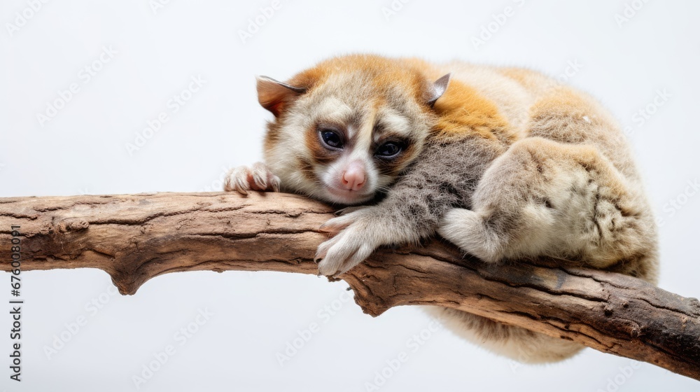 Poster a close up of a small animal sitting on a branch on a white background with a tree branch in the for