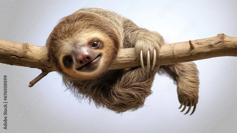 Poster a sloth hanging from a tree branch with its tongue hanging out of it's sloth's mouth. generative ai