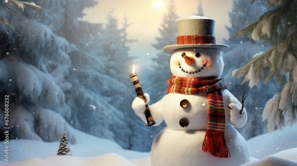 Poster a snowman holding a lit candle standing in the snow in front of a winter scene with trees and snow. 