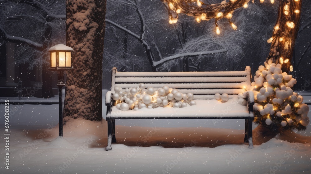 Poster a park bench covered in snow next to a tree with a lite - up christmas tree in the background. gener