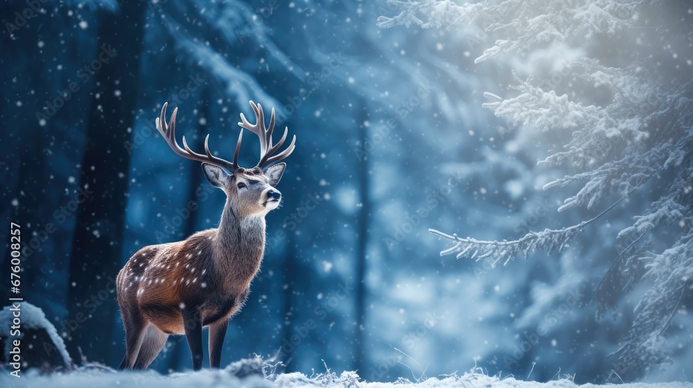 Poster a deer standing in the snow in front of a forest with snow falling on the ground and trees in the ba
