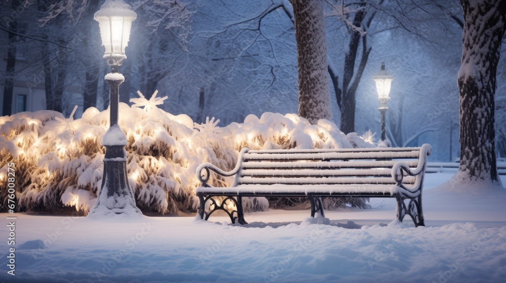 Poster a park bench covered in snow in front of a lamp post and a light post with snow on the ground. gener
