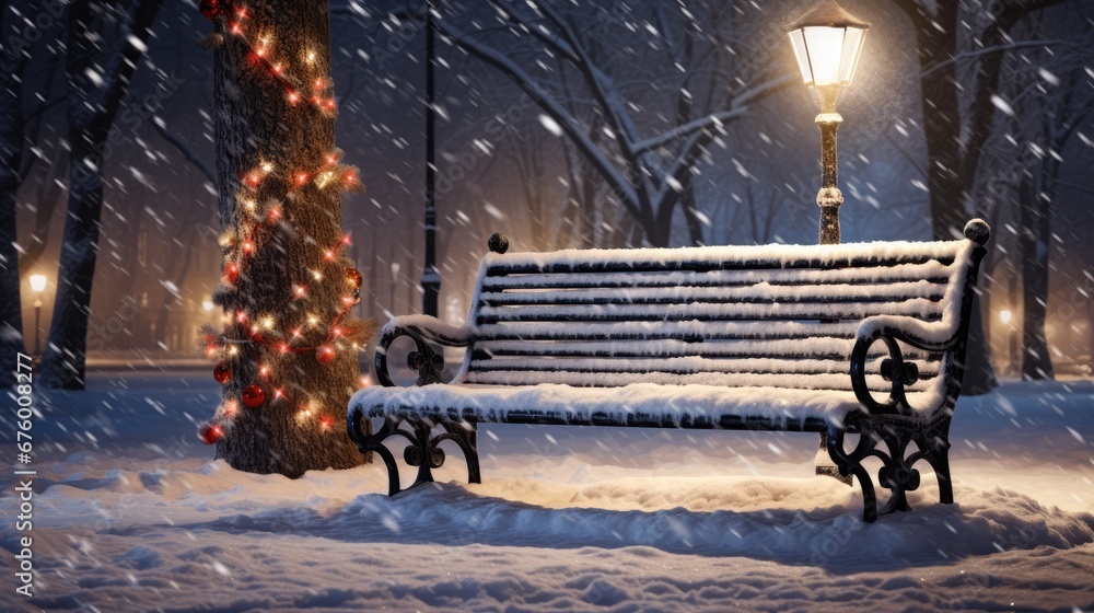 Poster a park bench covered in snow next to a tree with a lite up christmas tree on the other side of the b