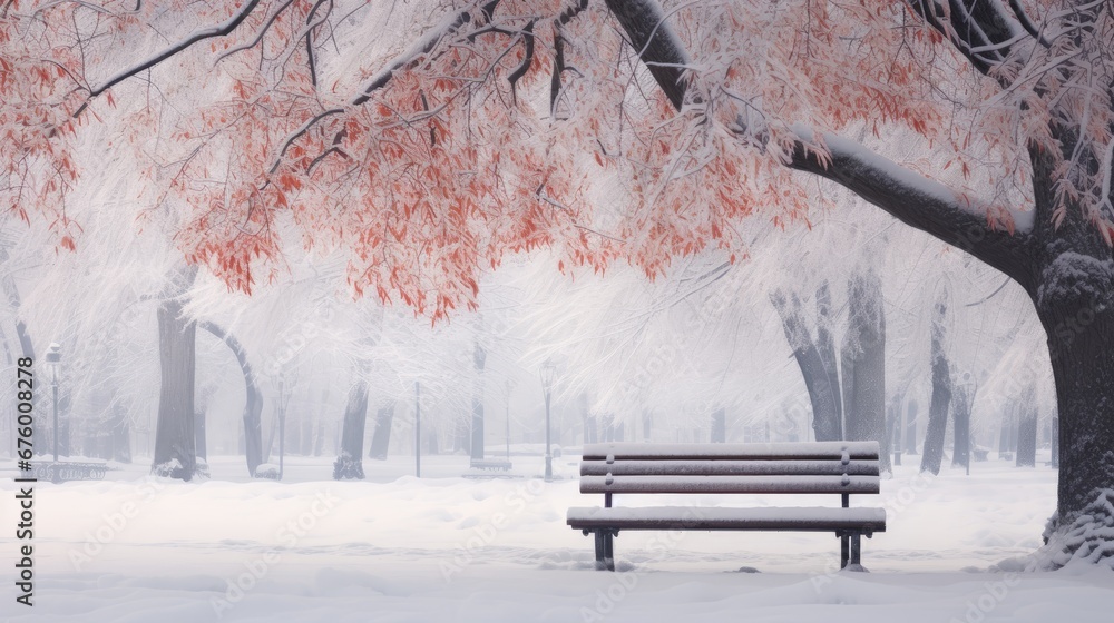 Poster a park bench in the middle of a snowy park with a tree in the foreground and snow on the ground. gen