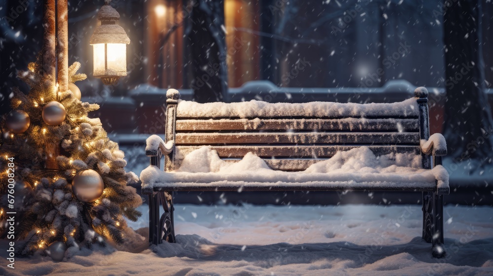 Poster a park bench covered in snow next to a christmas tree with a lite - up tree in the background. gener