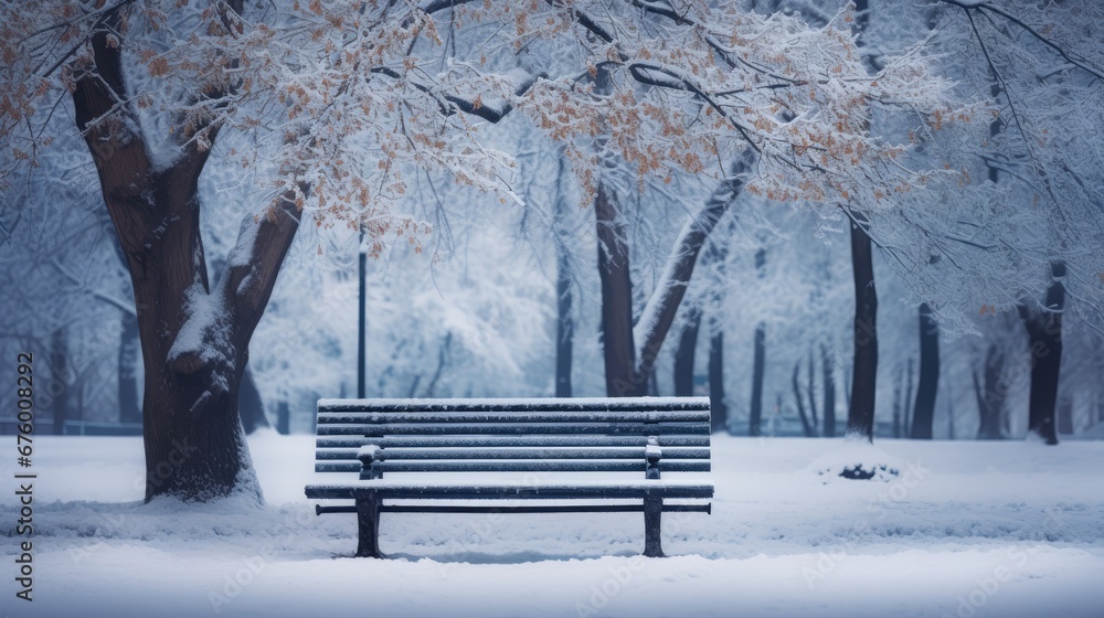 Poster a park bench covered in snow next to a tree with lots of snow on the ground and in front of it. gene