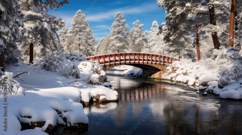 Poster a bridge over a river in the middle of a forest with snow on the ground and trees in the background.