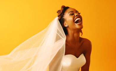 Happy smiling, laughing young curvy, busty women in elegant white wedding dress having fun on isolated plane background