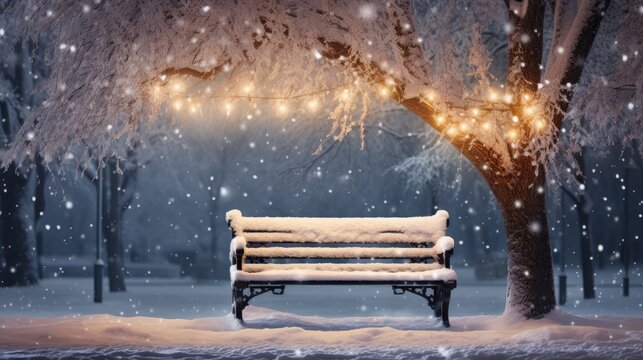  a park bench covered in snow next to a tree with christmas lights hanging from it and snow falling on the ground.  generative ai
