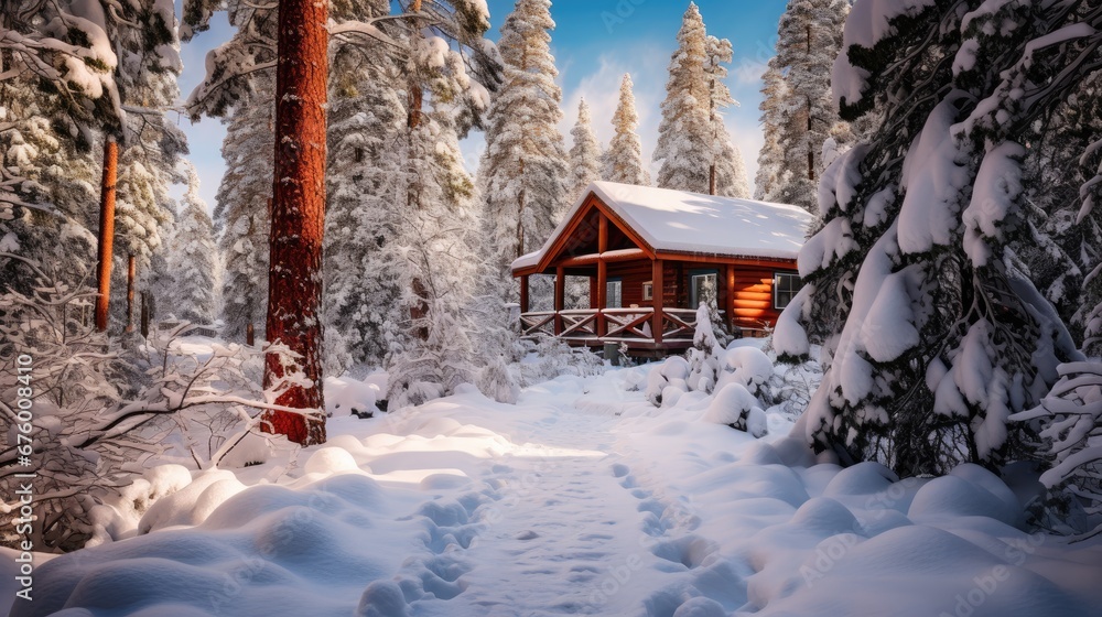 Aufkleber a cabin in the middle of a snowy forest with a path leading to it and a cabin in the background. gen