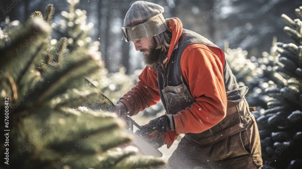 Poster a man in an orange jacket cutting a tree with a chainsaw in a wooded area with snow on the ground. g
