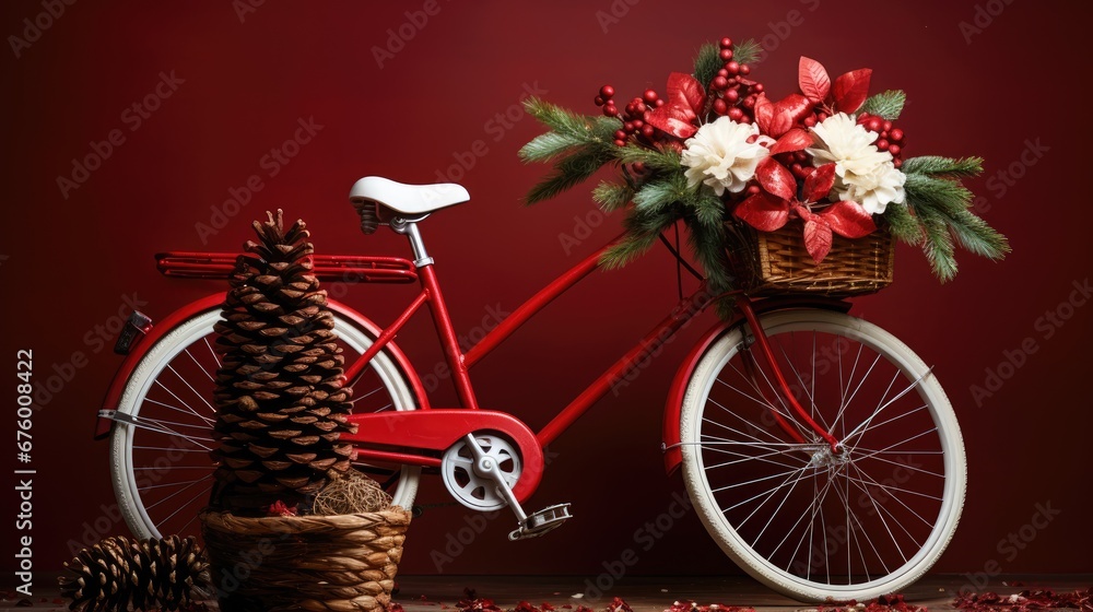 Poster a red bicycle with a basket full of flowers and a pine cone on the front of the frame and a pine con