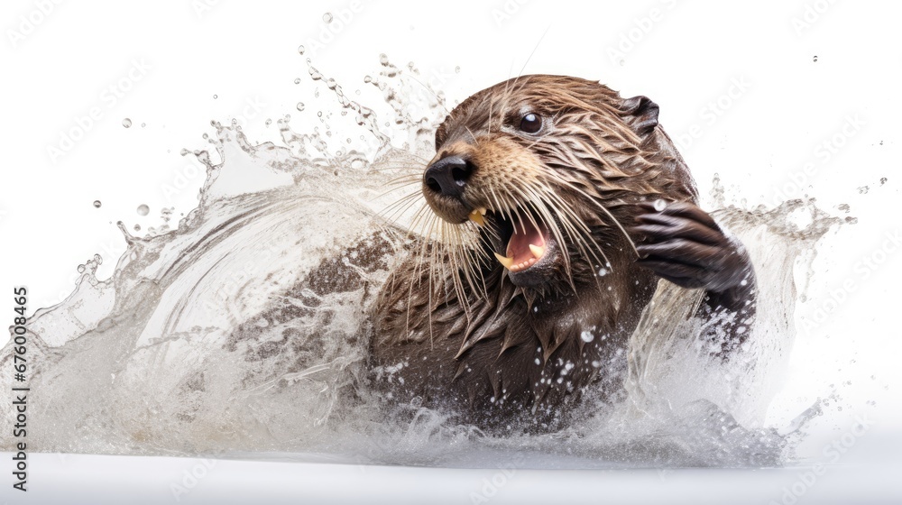 Poster a close up of a wet seal with its mouth open and it's mouth wide open, with water splashing around i