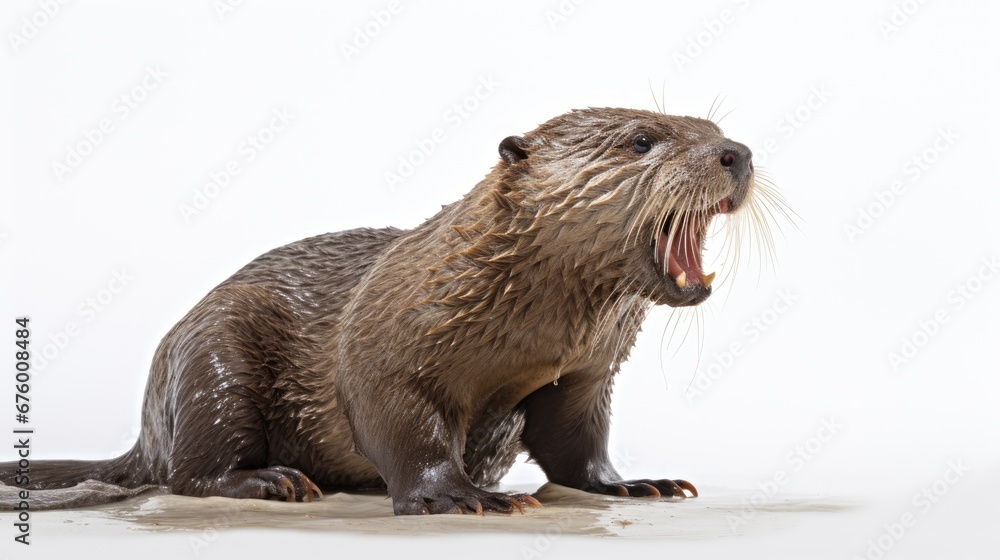 Poster a wet otter with its mouth open and it's mouth wide open and it's mouth wide open. generative ai