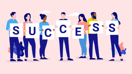 Team success - Group of diverse business people standing and holding letters spelling word. Successful teamwork concept in flat design vector illustration